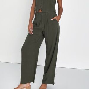 Suits You Perfectly Olive Green Linen Wide Leg Pants